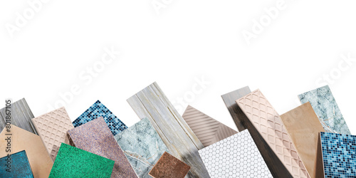 Pile of different ceramic tiles on a white background. 3d illustration © vipman4