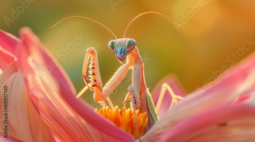 A curious praying mantis delicately exploring a flower petal with its spiky forelegs, a study in natural grace.