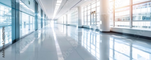Blurred empty modern office interior with glass windows and white floor