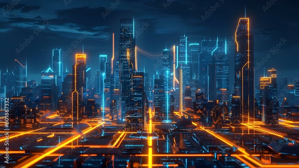 Futuristic neon cityscape with modern buildings and advanced technology at night. Concept Futuristic Cityscape, Neon Lights, Modern Buildings, Advanced Technology, Night Scene