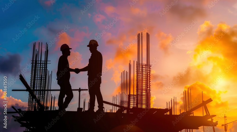 Silhouette of two construction workers working on top of a building at sunset and shaking their hand