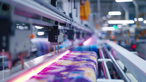 Wallpaper Mural Vibrant textile rolls under a modern digital printing machine in a large industrial setting, showcasing advanced fabric printing technology. Textile Printing Machine in Industrial Setting

 Torontodigital.ca