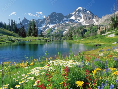 Highlight the serenity and beauty of an alpine landscape.