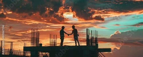 Silhouette of two construction workers working on top of a building at sunset and shaking their hand photo