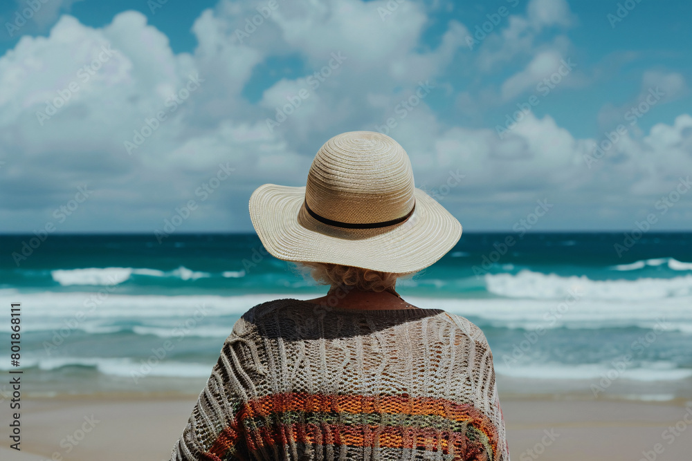 Back view of senior woman with summer straw hat at beach