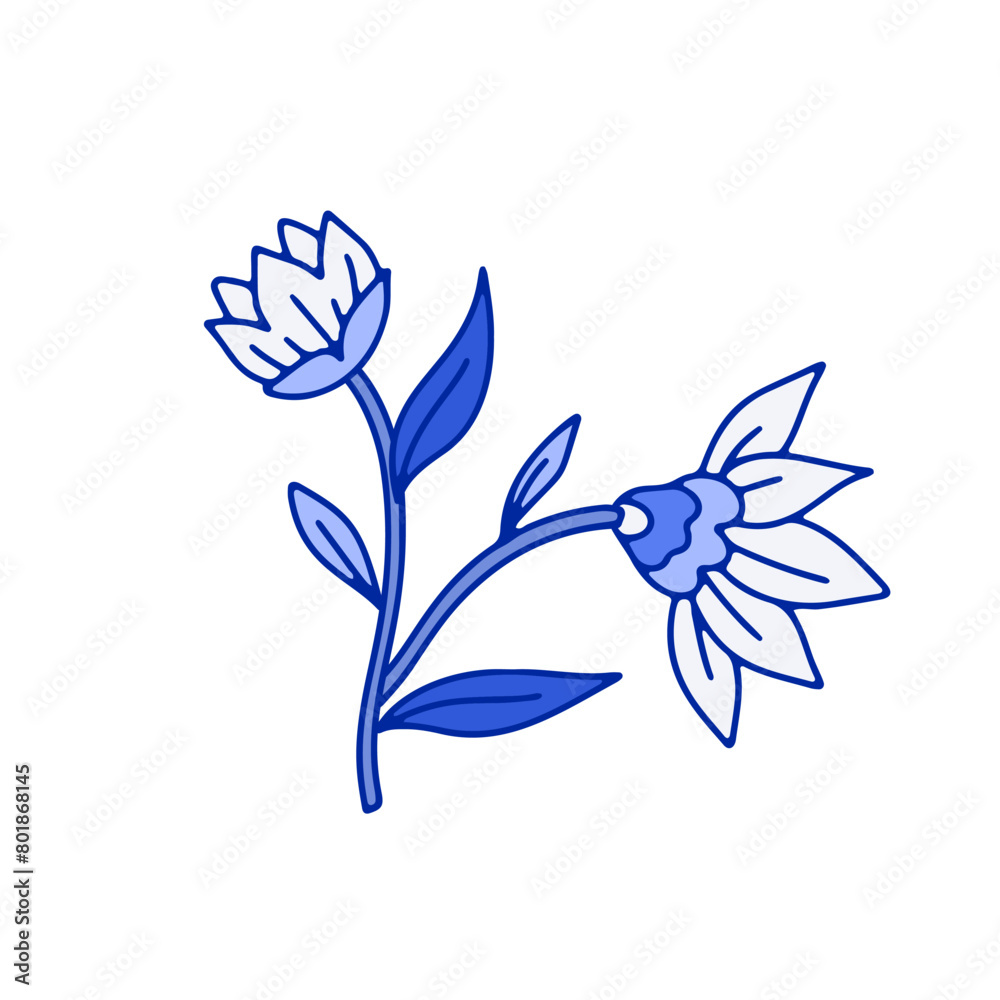 Monochrome blue floral chinoiserie style flower isolated on white background. Abstract hand drawn botanical clip art element.