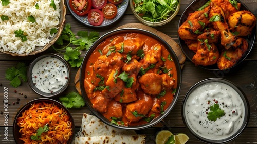 Delicious Indian feast with chicken tikka masala tandoori chicken and appetizers . Concept Indian Cuisine, Chicken Tikka Masala, Tandoori Chicken, Appetizers, Delicious Feast photo