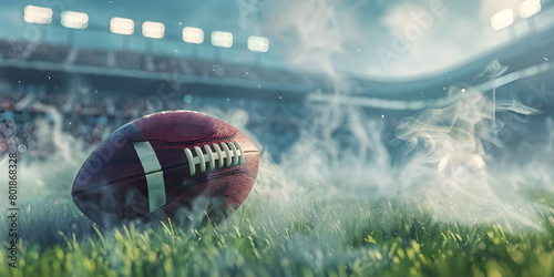 American football ball on grass with smoke in background showing action in stadium