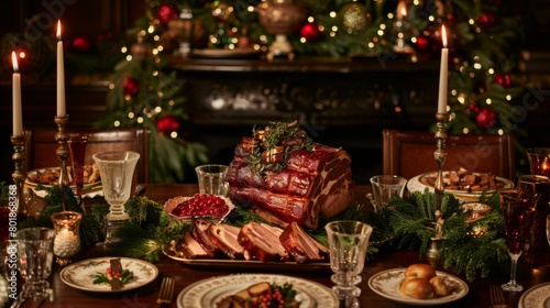 A festive holiday dinner table adorned with roasted three-layer pork belly  a symbol of prosperity and good fortune.