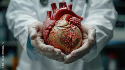 Close-up of human heart in the hands of a doctor photo