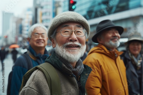 Group of senior asian people walking in the street in Tokyo, Japan