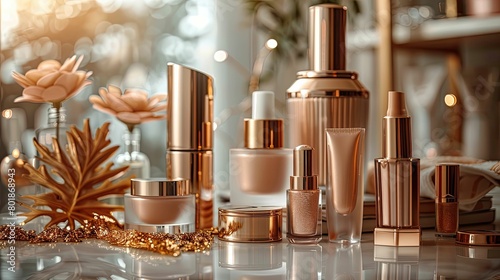 Cosmetic branding, toiletries and girly glamour concept - Make-up and skincare products set, golden make-up concealer and lotion bottles as luxury beauty brand holiday design photo
