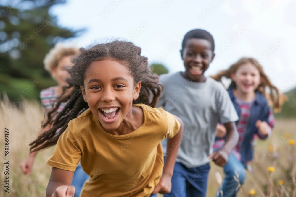 happy african american child running with friends in field on summer