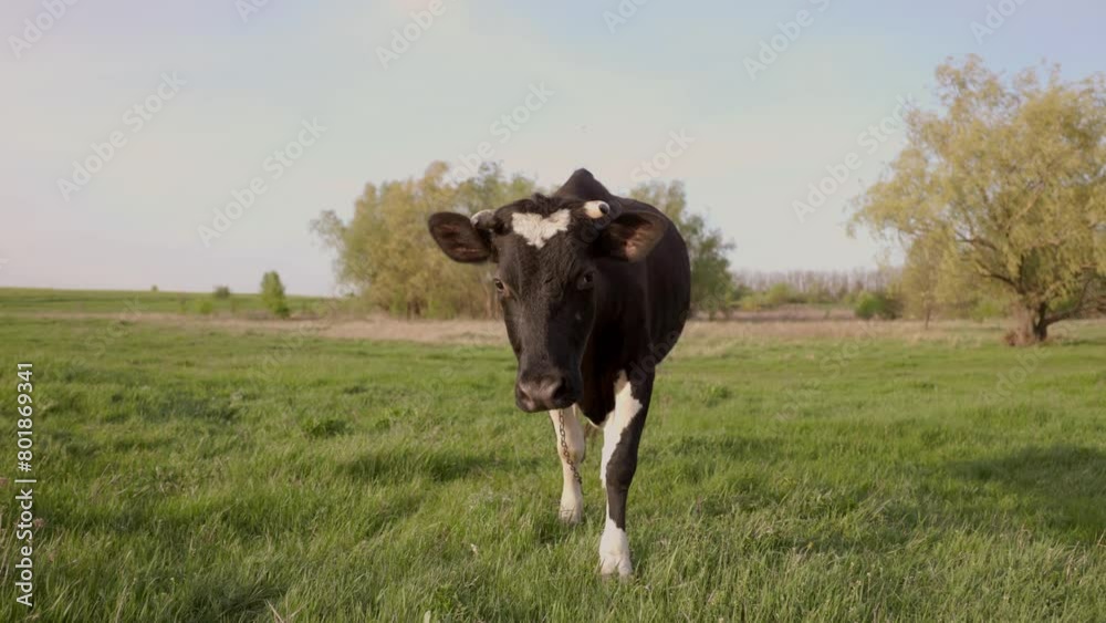 Funny Cow Walks Right Into Camera. Dairy Cow Grazing in Meadow. Cattle in Pasture Funny Cow Walks Right Into Camera. Dairy Cow Grazing in Meadow. Cattle in Pasture