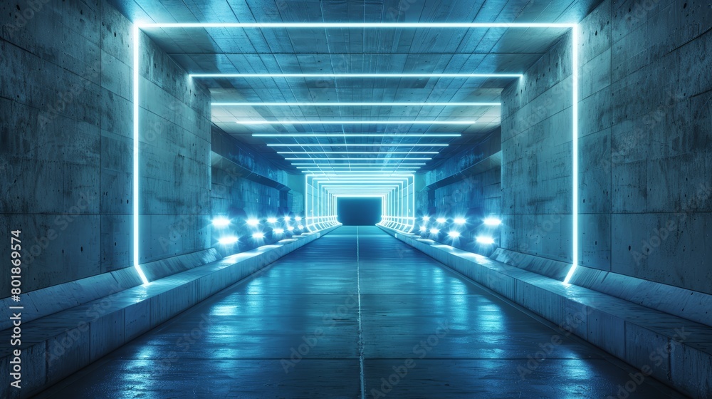 3D rendering of a futuristic concrete grunge tunnel, illuminated by glowing blue and white LED lights, showcasing a sleek and modern design suitable for film sets