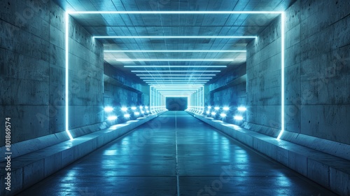 3D rendering of a futuristic concrete grunge tunnel, illuminated by glowing blue and white LED lights, showcasing a sleek and modern design suitable for film sets © Wimon