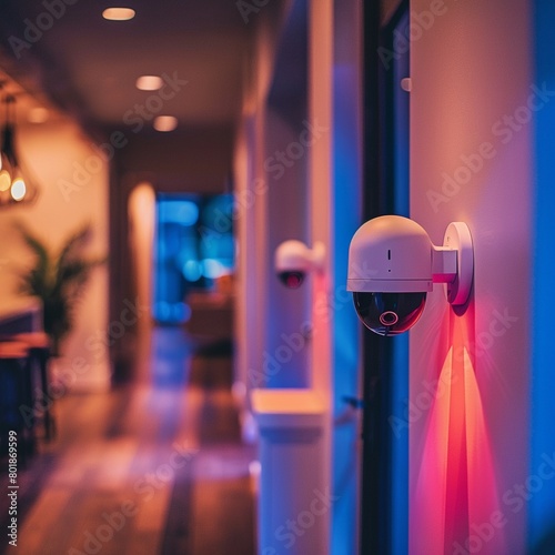 IoTenabled home with automated lighting and security cameras that adjust based on time of day and occupancy , close up photo