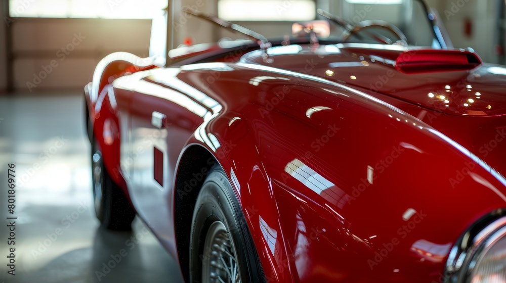 Close-up of a vintage red sports car in a soft gray garage, showcasing the shiny finish and classic design, perfect for classic car enthusiasts