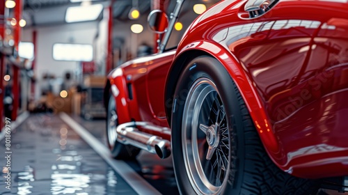 Close-up of a vintage red sports car in a soft gray garage, showcasing the shiny finish and classic design, perfect for classic car enthusiasts © Wimon
