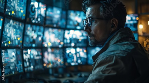 Close-up of a security analyst monitoring real-time data on cyber threats, multiple screens in a dark surveillance room.