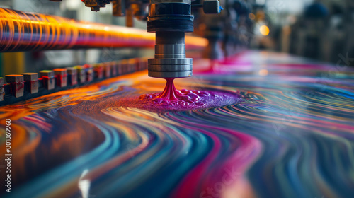 Colorful paint being poured onto the floor of an industrial printing press photo