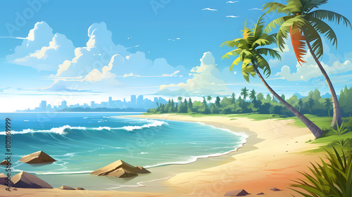 Tropical Tranquility, Sandy Shoreline under Sunny Skies, Realistic Beach Landscape. Vector Background