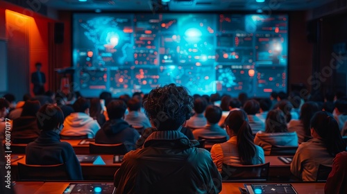 Cybersecurity team conducting a live demonstration of hacking prevention techniques, audience observing on a large projector.