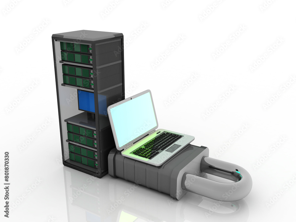 3d illustration server near laptop protected lock 3d illustration server near laptop protected lock