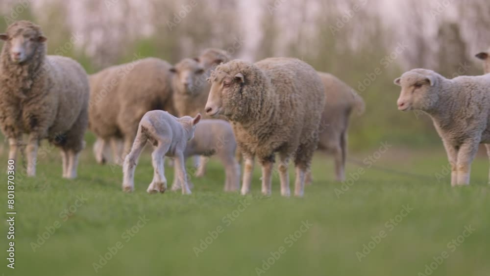Little Funny Lambs On Meadow. Sheep Grazing in Pasture on Farm in Countryside Little Funny Lambs On Meadow. Sheep Grazing in Pasture on Farm in Countryside