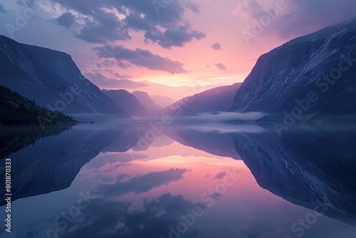 Silent fjord capturing the pastel hues of the sunset, sky and water in perfect reflection
