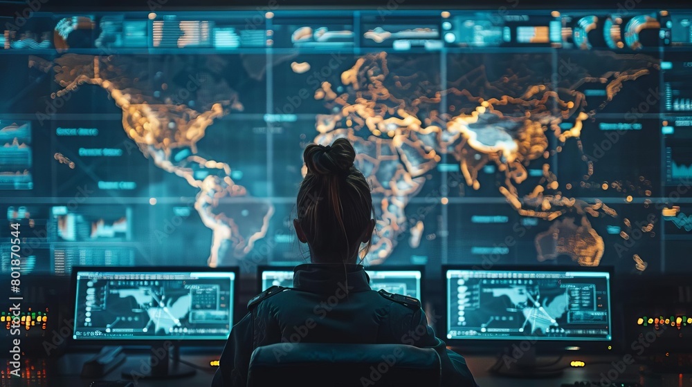 Fototapeta premium Global network operations center with a world map displaying real-time data connections across continents.
