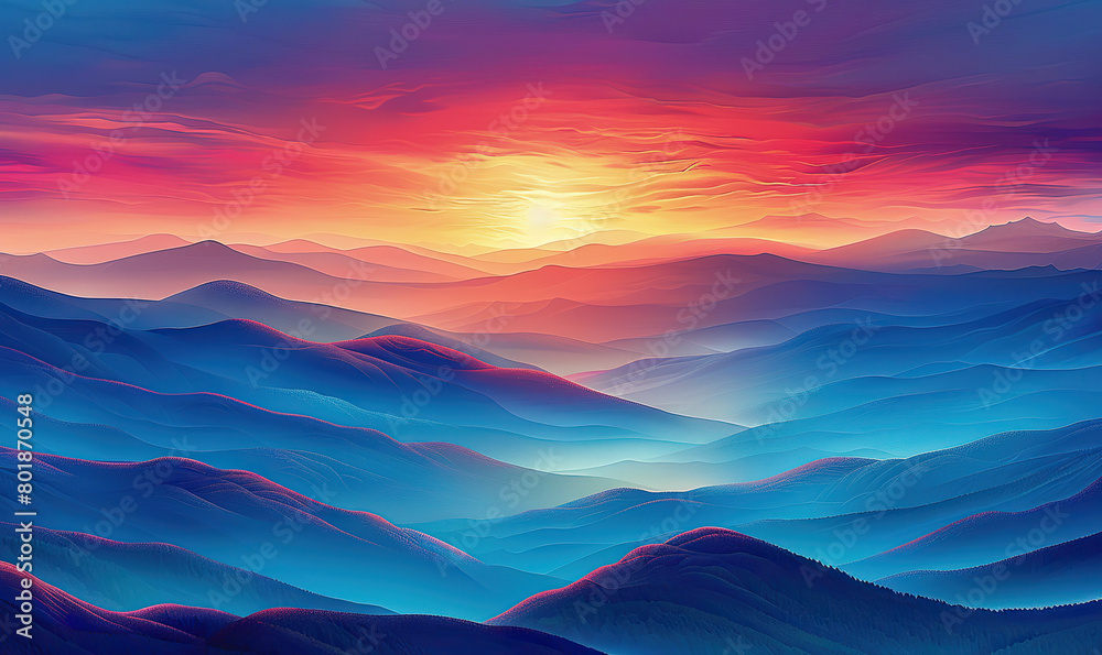 A digital art depiction of layered mountains basked in a vibrant sunset. Generate AI