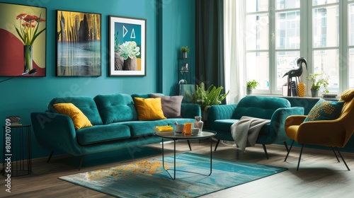 Fresh and youthful teal living room, perfect for a young person looking for a stylish yet serene space to relax and entertain photo