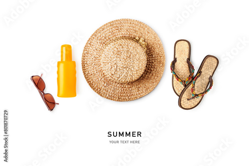 Straw hat, sunglasses, flip flop, sunscreen isolated on white background. © ifiStudio