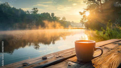 morning on the lake with cup of tea