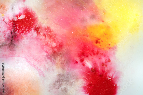 Abstract art with pink  red and yellow watercolour splashes and dots for creative background or wallpaper macro