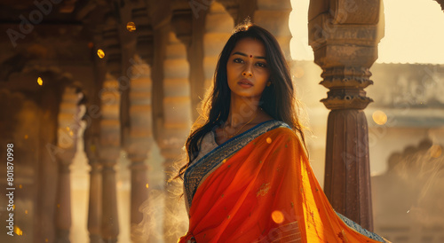 a beautiful Indian woman in traditional dress, with brown hair and hazel eyes, standing on the streets of medieval India, wearing gold jewelry, with fireflies illuminating her face