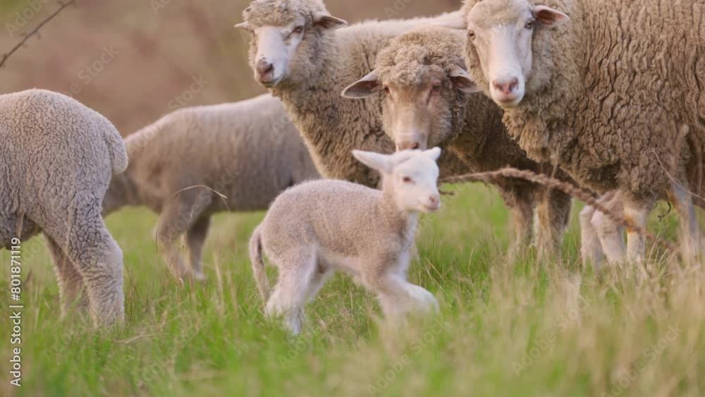 Little Funny Lambs On Meadow. Sheep Grazing in Pasture on Farm in Countryside Little Funny Lambs On Meadow. Sheep Grazing in Pasture on Farm in Countryside
