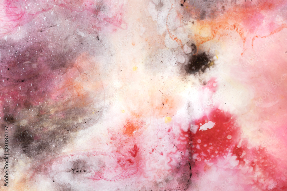 Obraz premium Abstract art with pink, red and yellow watercolour splashes and dots for creative background or wallpaper macro