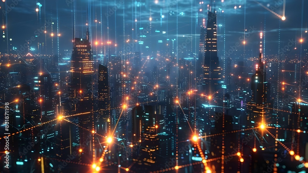 Futuristic cyberpunk cityscape with glowing cable webs transmitting highspeed digital data . Concept Cyberpunk Cityscape, Glowing Cable Webs, Highspeed Data Transmission, Futuristic Technology Futuristic cyberpunk cityscape with glowing cable webs transmitting highspeed digital data . Concept Cyberpunk Cityscape, Glowing Cable Webs, Highspeed Data Transmission, Futuristic Technology