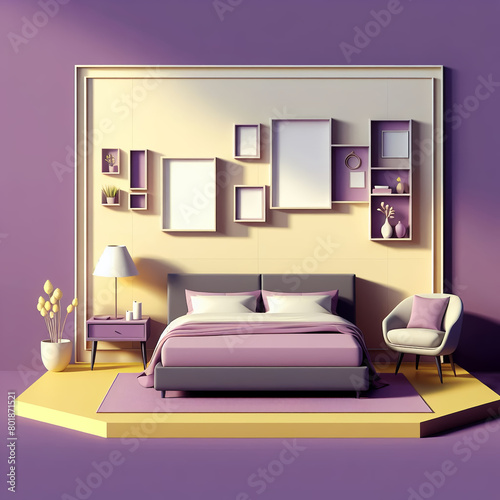 minimalistic bedroom interior in  purple colors 