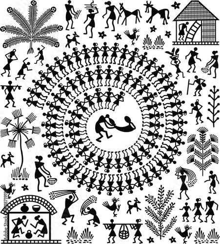black and white vector  warli design.