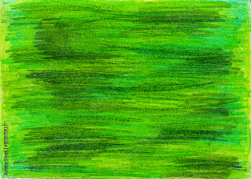 Abstract green background. Filled with texture drawn with colored pencils. Horizontal strokes. Different shades of green color, turquoise, yellow. Crayon texture.