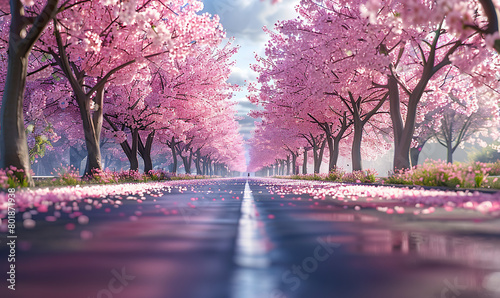 A serene alley with blooming cherry trees and petals on the path. Generate AI