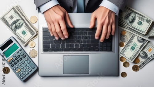 A person typing on a laptop with a Bitcoin coin on the keyboard. A laptop with a BTC coin on the screen and a hand on the keyboard. Blockchain technology, bitcoin mining concept