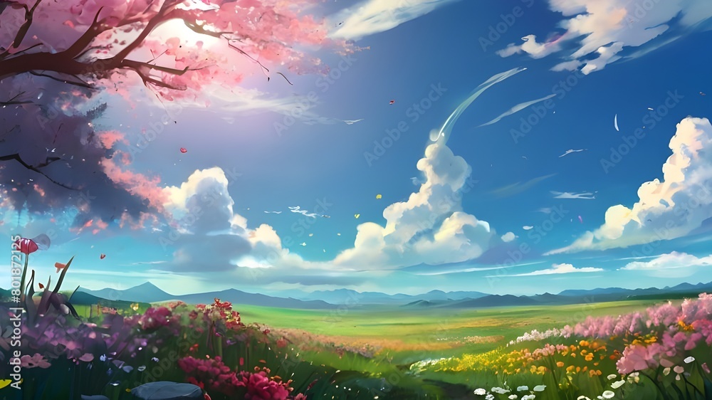 Anime fantasy wallpaper background concept : Scenic summer landscape with colorful flowers blooming in a green meadow under a bright blue sky with fluffy clouds, generative ai