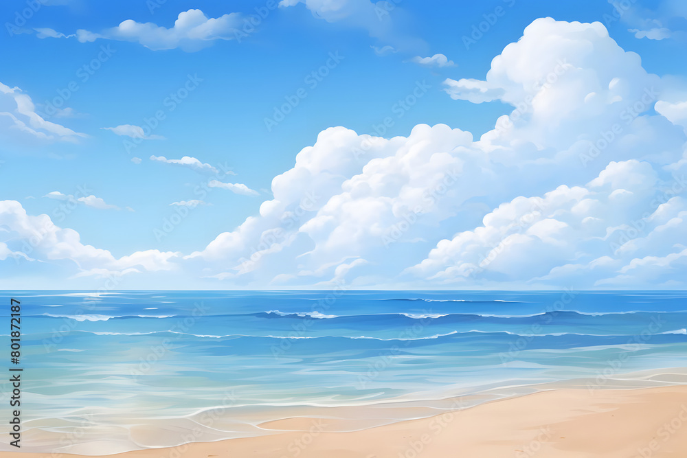 Seashore Serenity, Peaceful Beach Background under Blue Skies, Realistic Beach Landscape. Vector Background