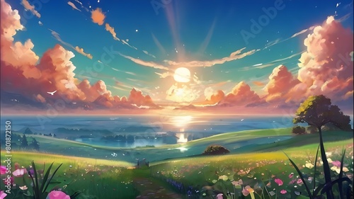 Anime fantasy wallpaper background concept   Dramatic colors fill the sky at dusk as the summer sun dips below the horizon of a green field  generative ai