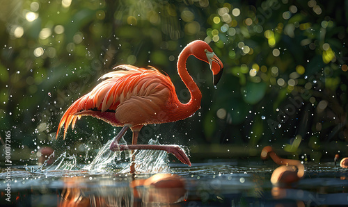 A vibrant flamingo wades in water amidst splashes  highlighted by sunlight. Generate AI
