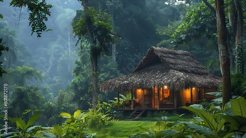 A rustic hut nestled deep in a lush jungle photo